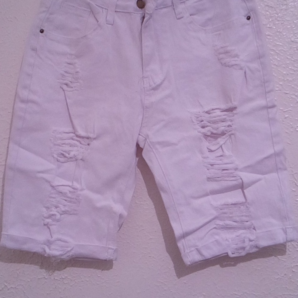 Women's White Distressed Bermuda Shorts